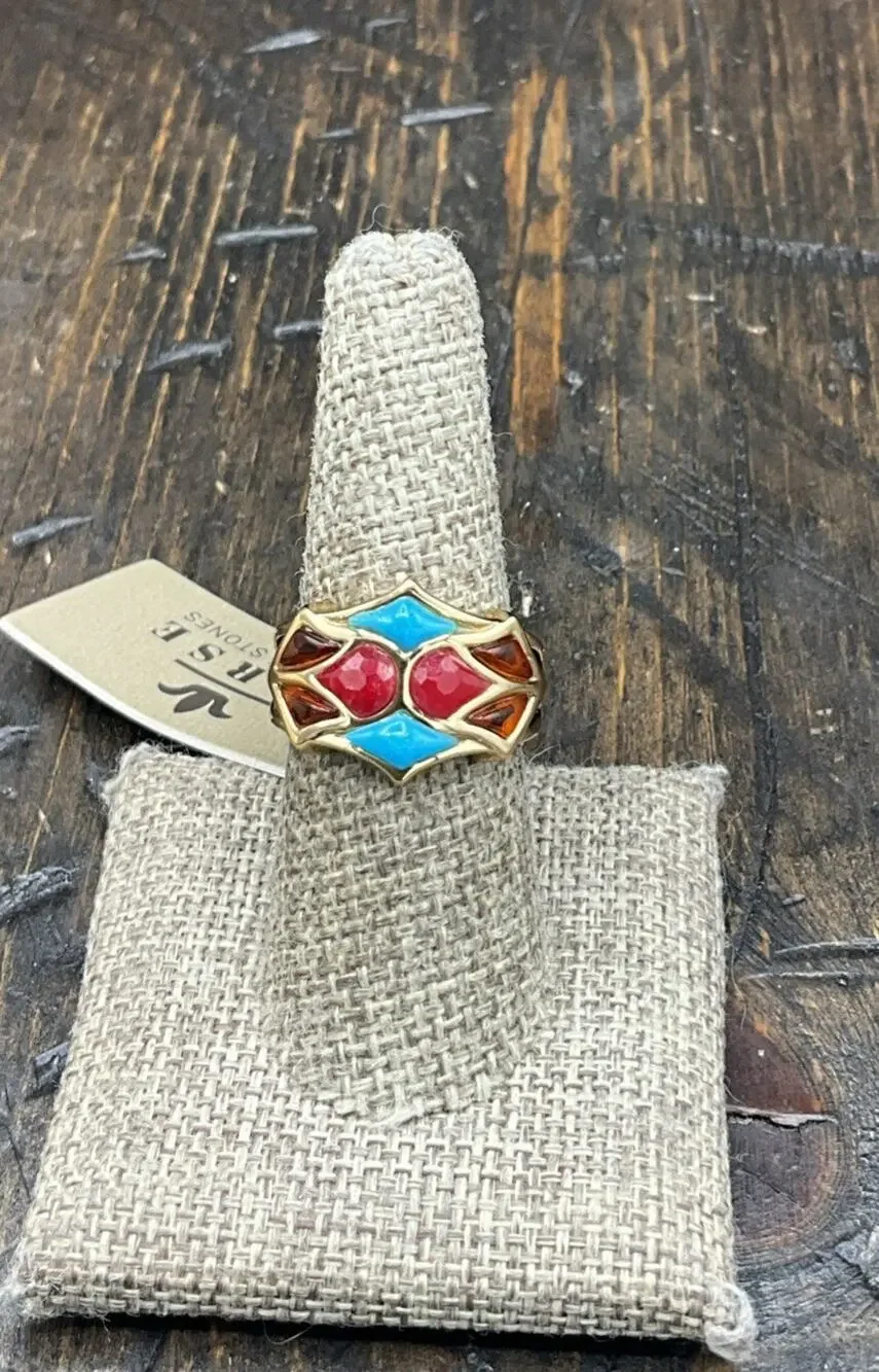 Barse Alexis Ring- Amber, Turquoise & Raspberry Quartz- Bronze-8-NWT